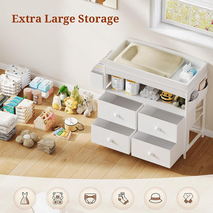 Baby Changing Table with Storage, Changing Table Dresser, Diaper Changer Crib Sleeper Fabric Drawers, Storage Dividers, Diapers Bags for Nursery Modern (6 Drawers/White)