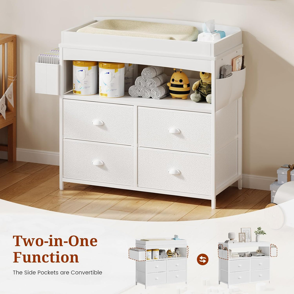 Baby Changing Table with Storage, Changing Table Dresser, Diaper Changer Crib Sleeper Fabric Drawers, Storage Dividers, Diapers Bags for Nursery Modern (6 Drawers/White)