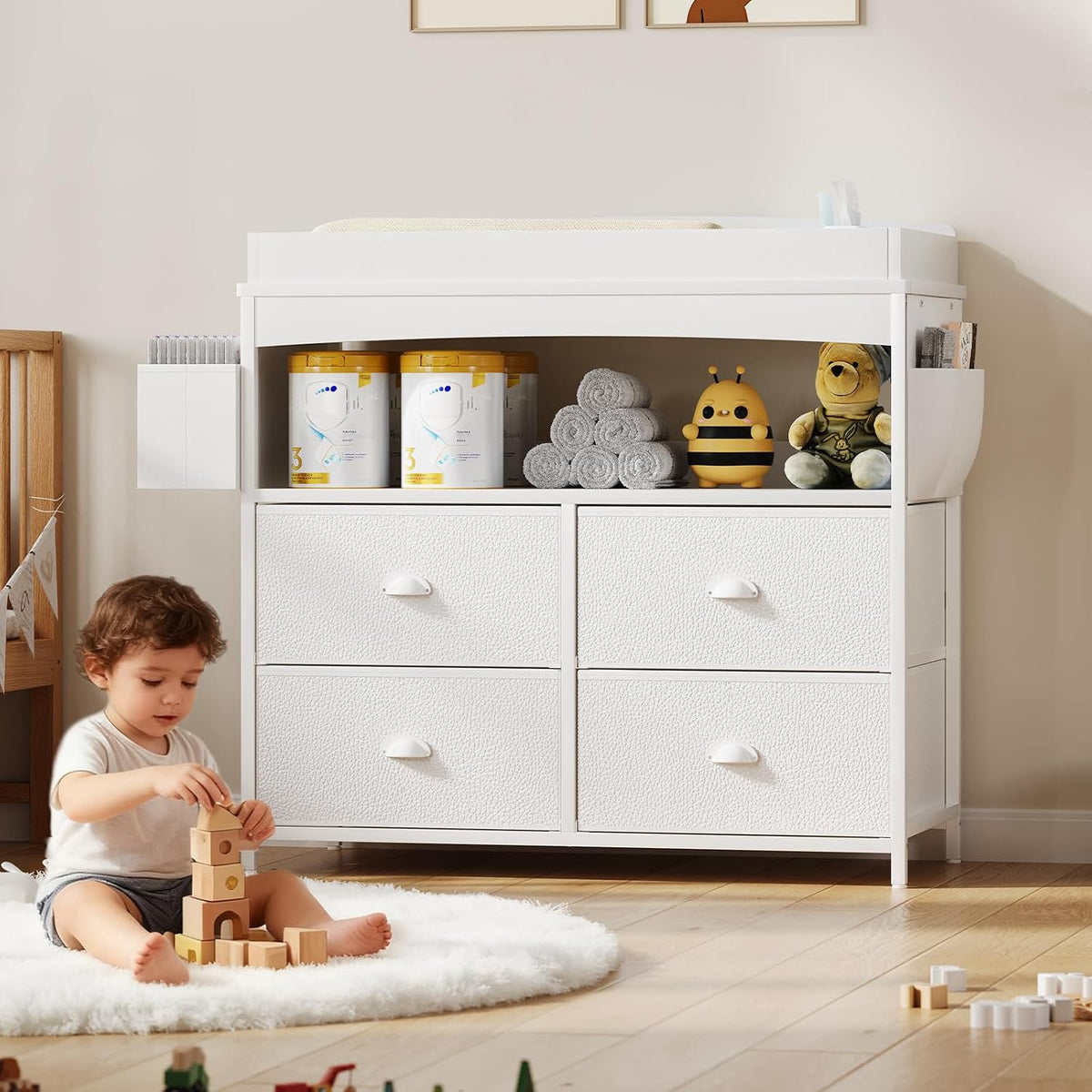 Baby Changing Table with Storage, Changing Table Dresser, Diaper Changer Crib Sleeper Fabric Drawers, Storage Dividers, Diapers Bags for Nursery Modern (6 Drawers/White)