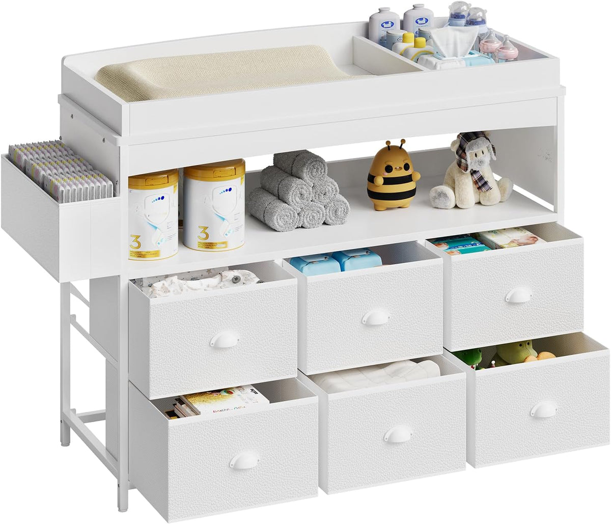 Baby Changing Table with Storage, Changing Table Dresser, Diaper Changer Crib Sleeper Fabric Drawers, Storage Dividers, Diapers Bags for Nursery Modern (6 Drawers/White)