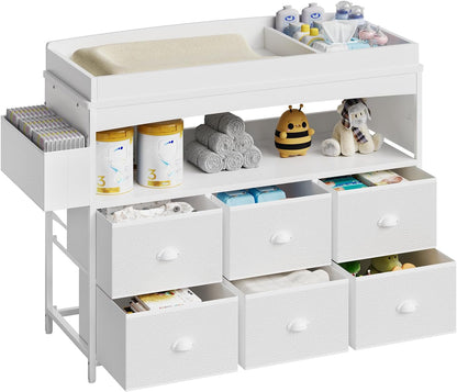 Baby Changing Table with Storage, Changing Table Dresser, Diaper Changer Crib Sleeper Fabric Drawers, Storage Dividers, Diapers Bags for Nursery Modern (6 Drawers/White)