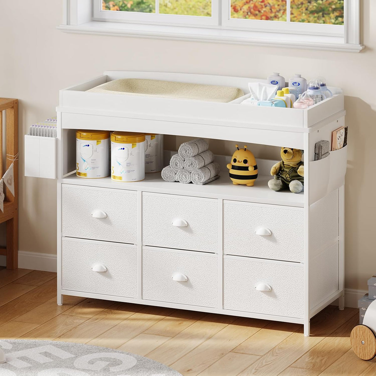 Baby Changing Table with Storage, Changing Table Dresser, Diaper Changer Crib Sleeper Fabric Drawers, Storage Dividers, Diapers Bags for Nursery Modern (6 Drawers/White)