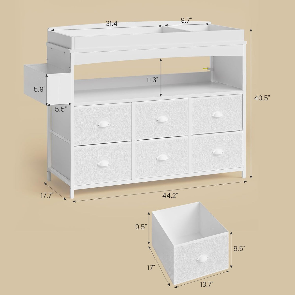 Baby Changing Table with Storage, Changing Table Dresser, Diaper Changer Crib Sleeper Fabric Drawers, Storage Dividers, Diapers Bags for Nursery Modern (6 Drawers/White)