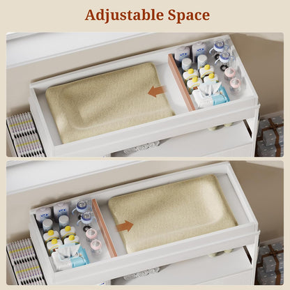 Baby Changing Table with Storage, Changing Table Dresser, Diaper Changer Crib Sleeper Fabric Drawers, Storage Dividers, Diapers Bags for Nursery Modern (6 Drawers/White)