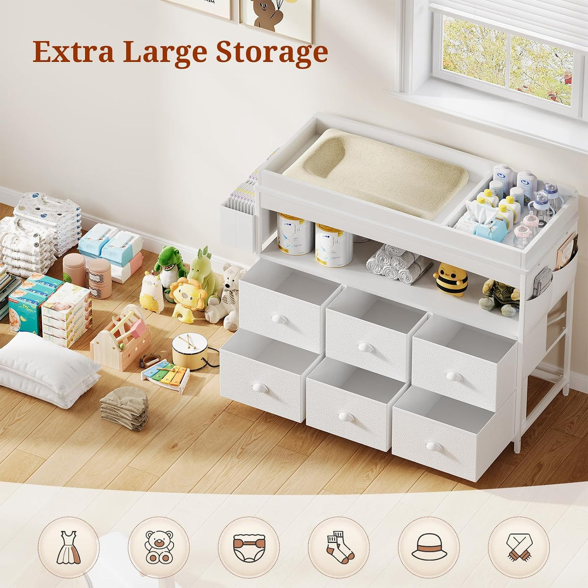 Baby Changing Table with Storage, Changing Table Dresser, Diaper Changer Crib Sleeper Fabric Drawers, Storage Dividers, Diapers Bags for Nursery Modern (6 Drawers/White)