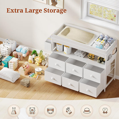 Baby Changing Table with Storage, Changing Table Dresser, Diaper Changer Crib Sleeper Fabric Drawers, Storage Dividers, Diapers Bags for Nursery Modern (6 Drawers/White)
