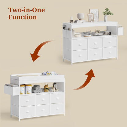 Baby Changing Table with Storage, Changing Table Dresser, Diaper Changer Crib Sleeper Fabric Drawers, Storage Dividers, Diapers Bags for Nursery Modern (6 Drawers/White)