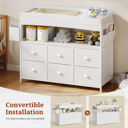 Baby Changing Table with Storage, Changing Table Dresser, Diaper Changer Crib Sleeper Fabric Drawers, Storage Dividers, Diapers Bags for Nursery Modern (6 Drawers/White)