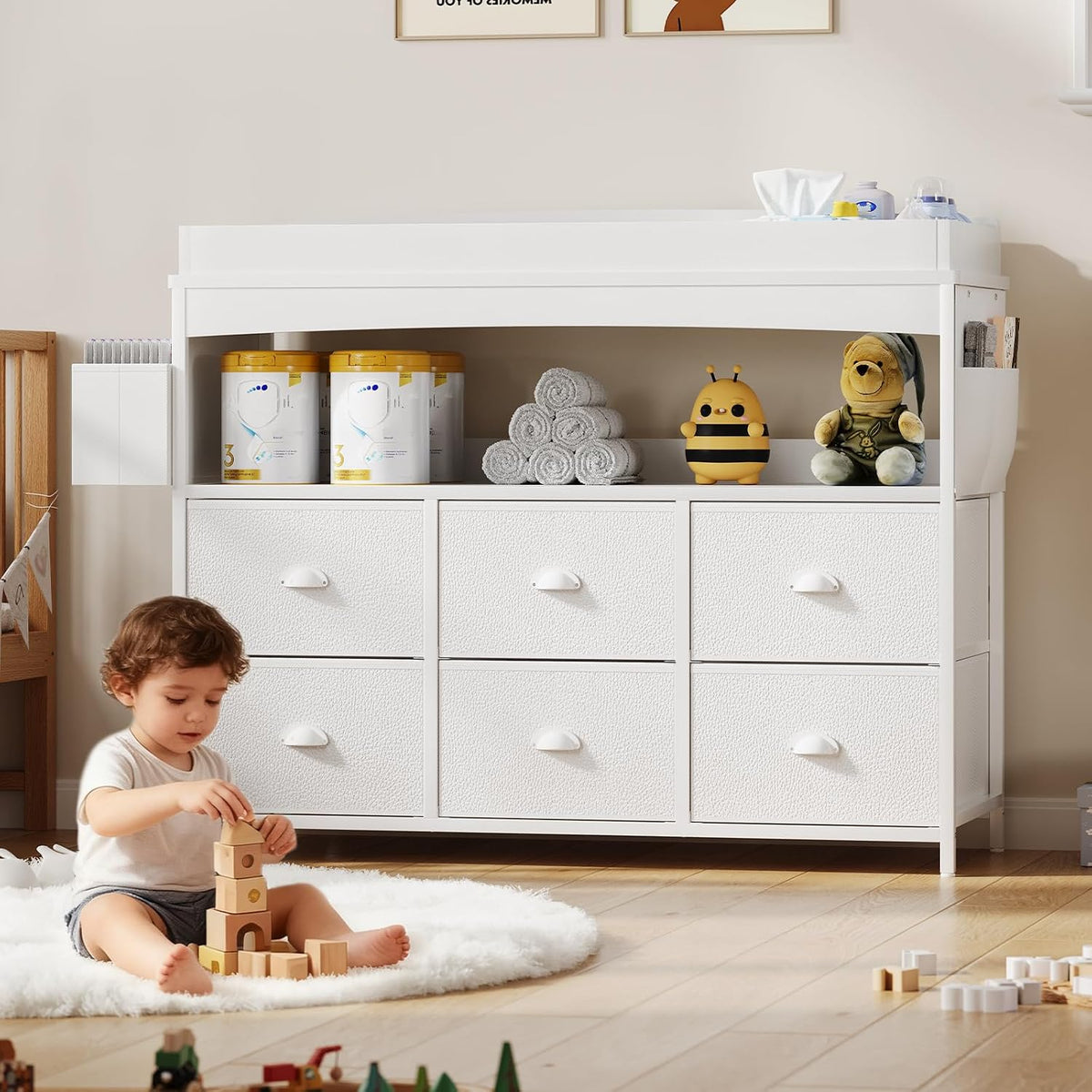 Baby Changing Table with Storage, Changing Table Dresser, Diaper Changer Crib Sleeper Fabric Drawers, Storage Dividers, Diapers Bags for Nursery Modern (6 Drawers/White)