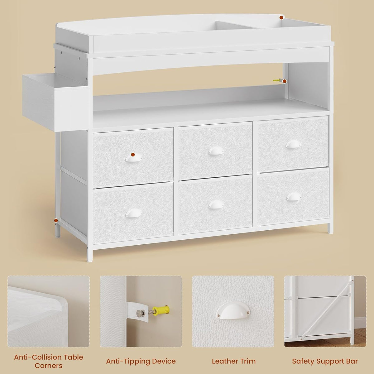 Baby Changing Table with Storage, Changing Table Dresser, Diaper Changer Crib Sleeper Fabric Drawers, Storage Dividers, Diapers Bags for Nursery Modern (6 Drawers/White)