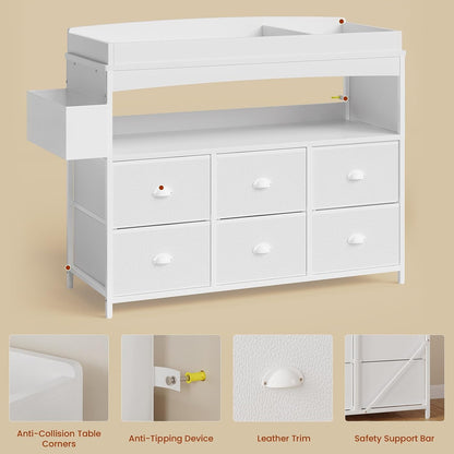 Baby Changing Table with Storage, Changing Table Dresser, Diaper Changer Crib Sleeper Fabric Drawers, Storage Dividers, Diapers Bags for Nursery Modern (6 Drawers/White)