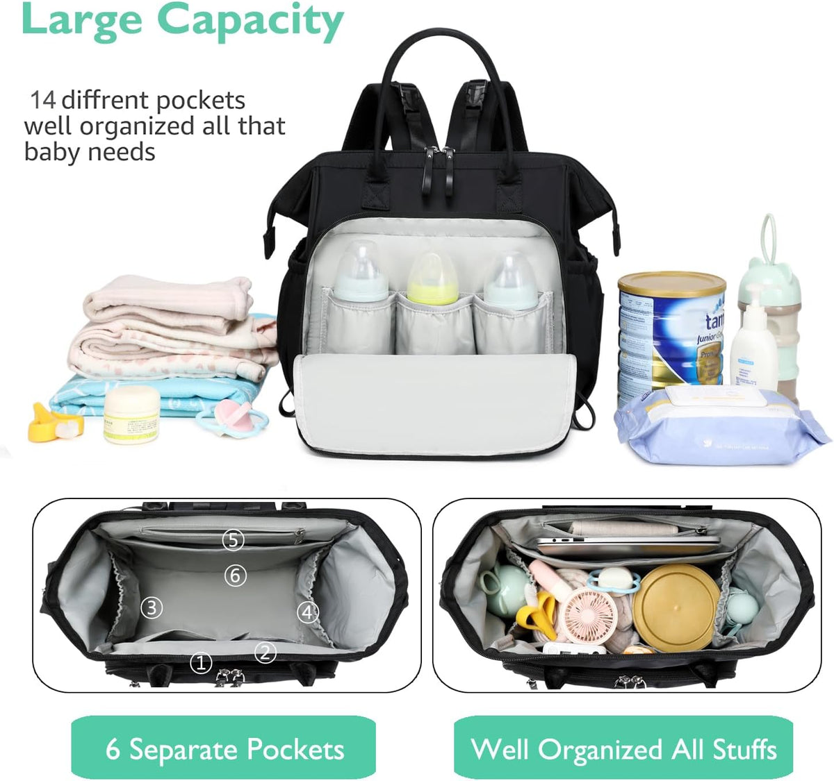 Large Diaper Bag Tote (Black, Large-20L)