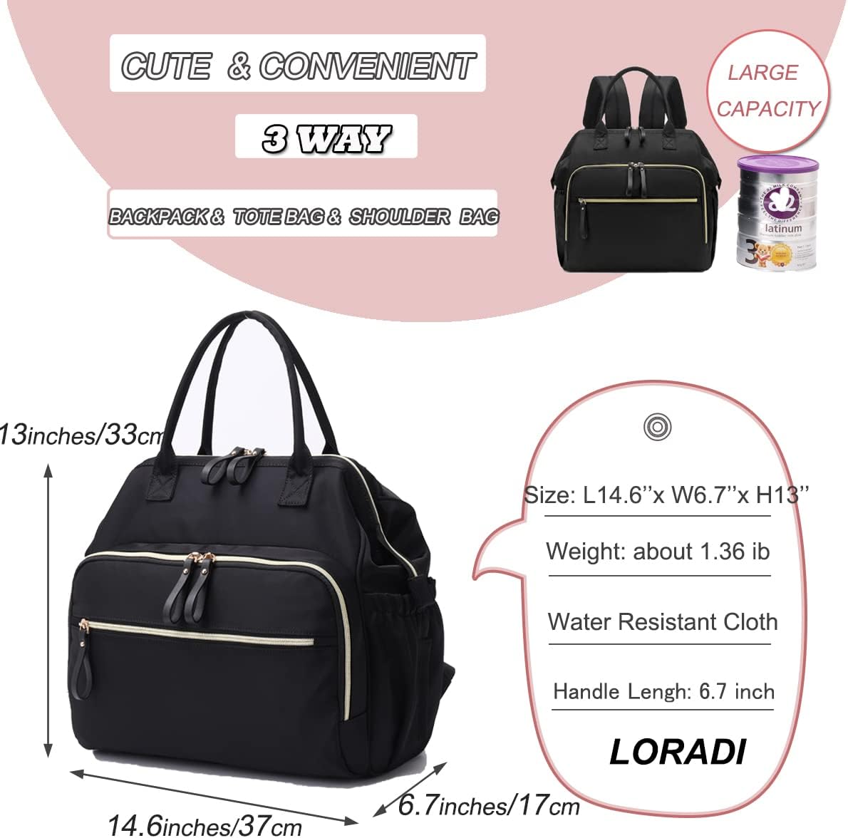 Large Diaper Bag Tote (Black, Large-20L)