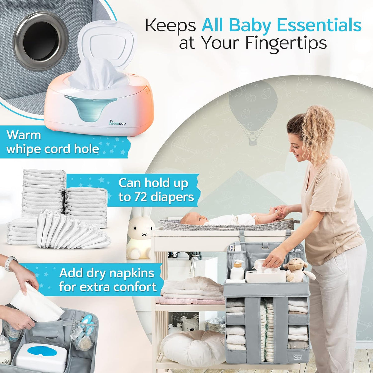 Premium Hanging Diaper Caddy Organizer – Nursery Storage Caddy for Baby Essentials – Ideal Gift for Boys & Girls – Fits Crib, Changing Table, Playard, Wall & Door