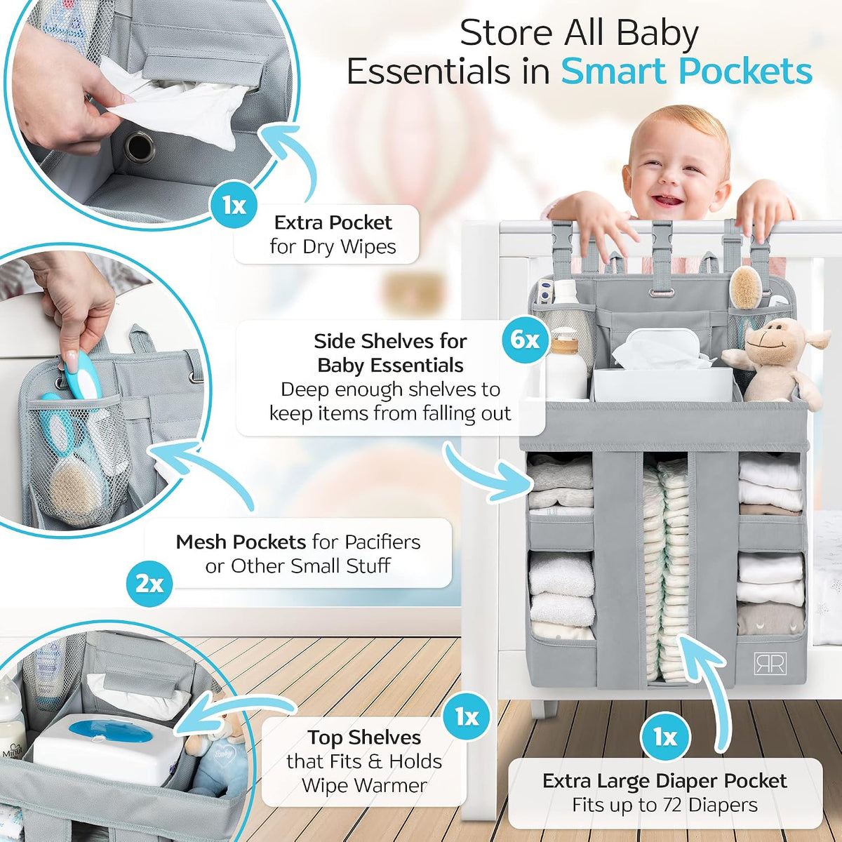 Premium Hanging Diaper Caddy Organizer – Nursery Storage Caddy for Baby Essentials – Ideal Gift for Boys & Girls – Fits Crib, Changing Table, Playard, Wall & Door
