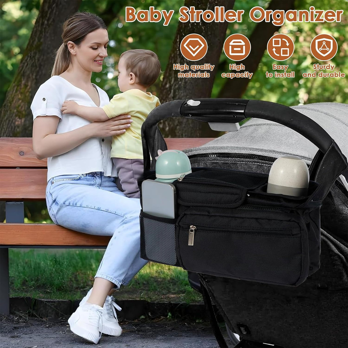 Universal Stroller Organizer with Insulated Cup Holder,Pram Caddy with Detachable Phone Bag and Shoulder Strap,Stroller Bag Caddy Organizer Fits for Uppababy, Baby Jogger, Britax Strollers