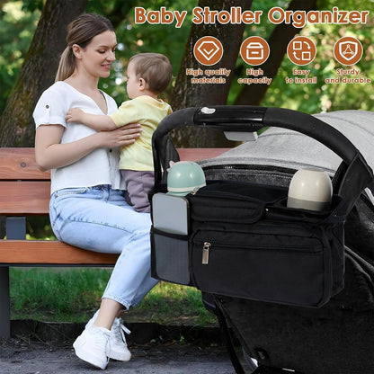 Universal Stroller Organizer with Insulated Cup Holder,Pram Caddy with Detachable Phone Bag and Shoulder Strap,Stroller Bag Caddy Organizer Fits for Uppababy, Baby Jogger, Britax Strollers