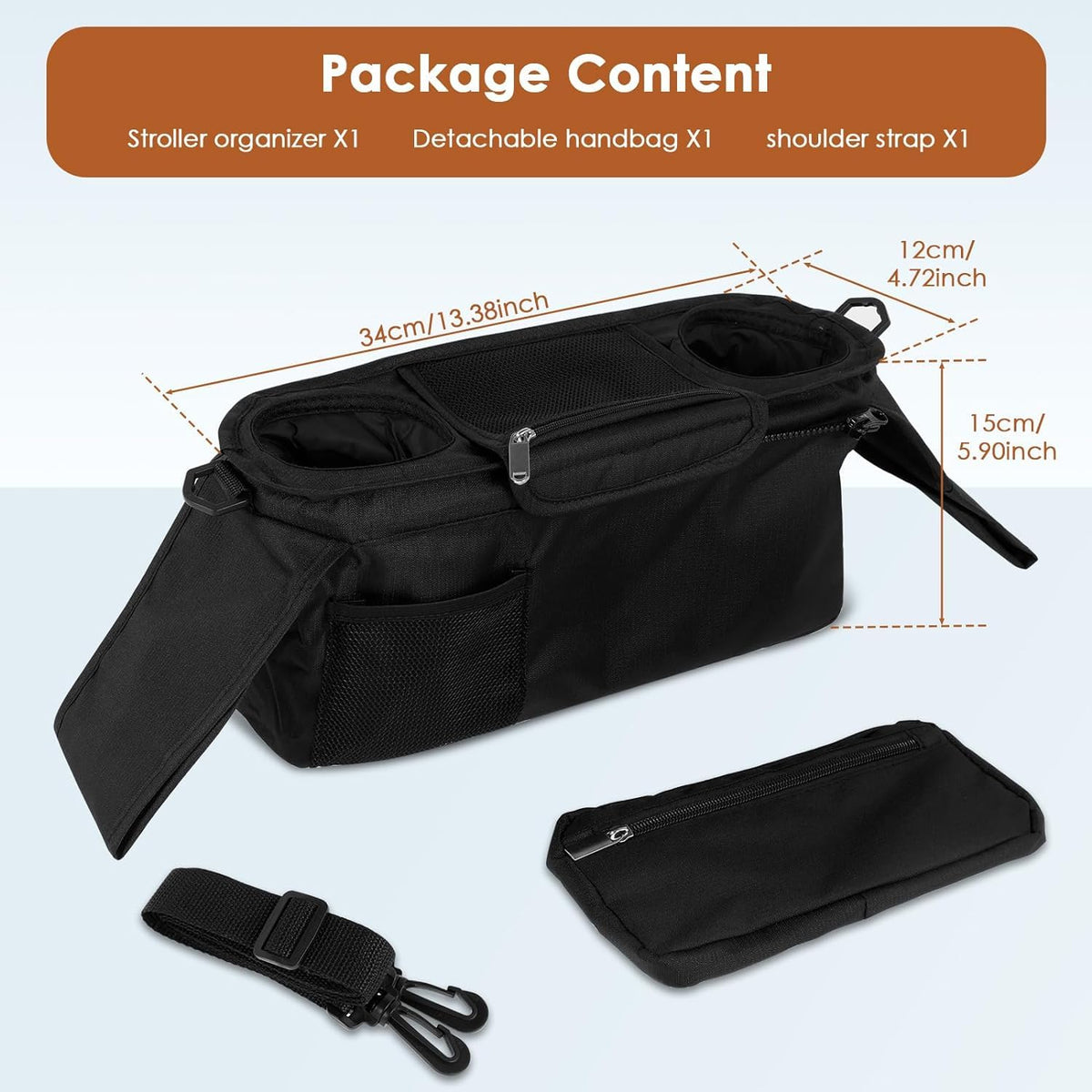 Universal Stroller Organizer with Insulated Cup Holder,Pram Caddy with Detachable Phone Bag and Shoulder Strap,Stroller Bag Caddy Organizer Fits for Uppababy, Baby Jogger, Britax Strollers