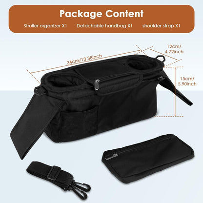 Universal Stroller Organizer with Insulated Cup Holder,Pram Caddy with Detachable Phone Bag and Shoulder Strap,Stroller Bag Caddy Organizer Fits for Uppababy, Baby Jogger, Britax Strollers