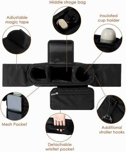 Universal Stroller Organizer with Insulated Cup Holder,Pram Caddy with Detachable Phone Bag and Shoulder Strap,Stroller Bag Caddy Organizer Fits for Uppababy, Baby Jogger, Britax Strollers