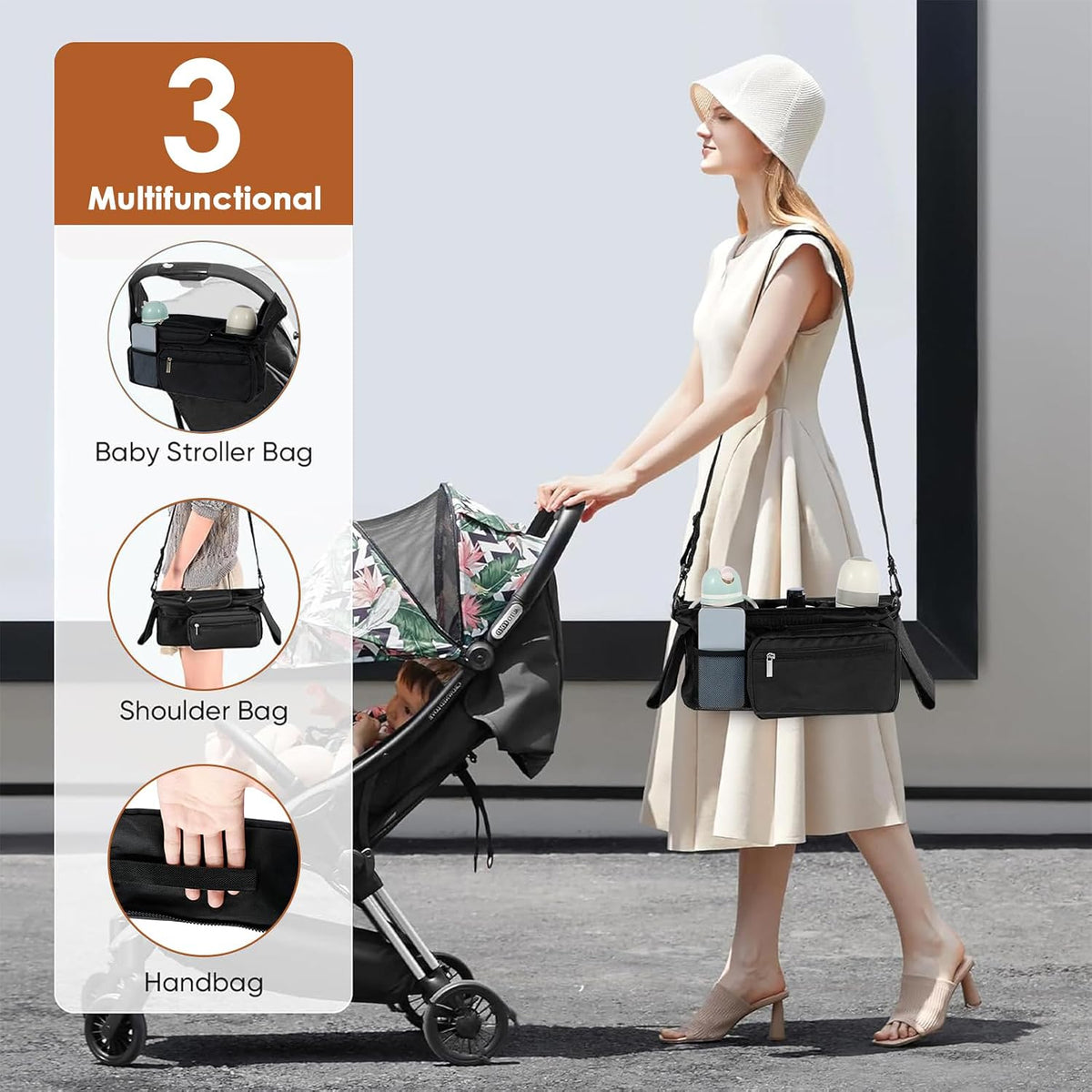 Universal Stroller Organizer with Insulated Cup Holder,Pram Caddy with Detachable Phone Bag and Shoulder Strap,Stroller Bag Caddy Organizer Fits for Uppababy, Baby Jogger, Britax Strollers