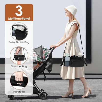 Universal Stroller Organizer with Insulated Cup Holder,Pram Caddy with Detachable Phone Bag and Shoulder Strap,Stroller Bag Caddy Organizer Fits for Uppababy, Baby Jogger, Britax Strollers