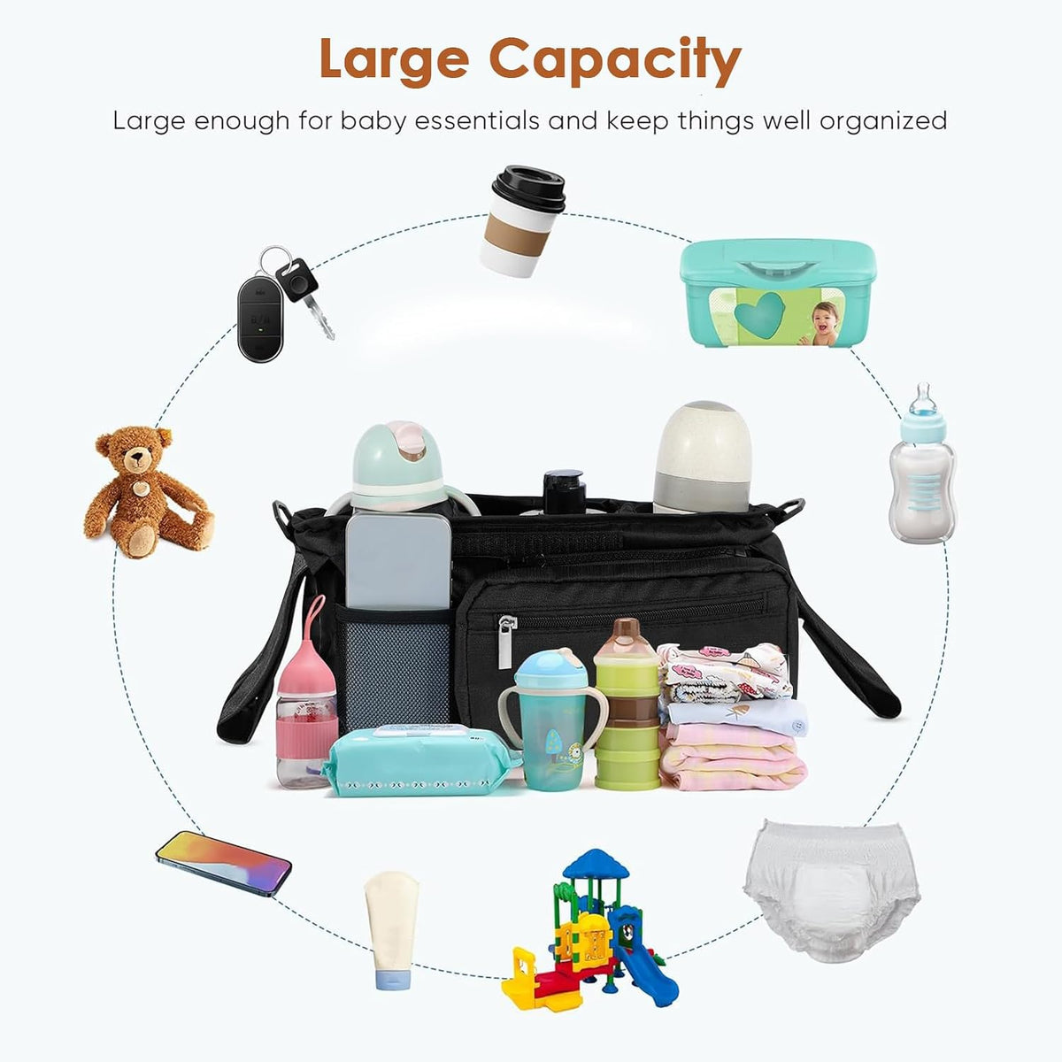 Universal Stroller Organizer with Insulated Cup Holder,Pram Caddy with Detachable Phone Bag and Shoulder Strap,Stroller Bag Caddy Organizer Fits for Uppababy, Baby Jogger, Britax Strollers