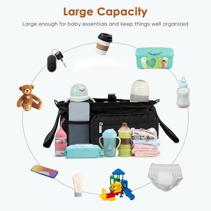 Universal Stroller Organizer with Insulated Cup Holder,Pram Caddy with Detachable Phone Bag and Shoulder Strap,Stroller Bag Caddy Organizer Fits for Uppababy, Baby Jogger, Britax Strollers