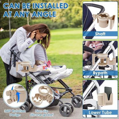 Retractable Stroller Cup Holder with Phone Holder, Non-Slip Cup Holder Multifunctional Stroller Cup and Phone Holder Stroller Cup Holder Clip Firmly Grip Stroller Bar for Stroller Bike Walker (Black)