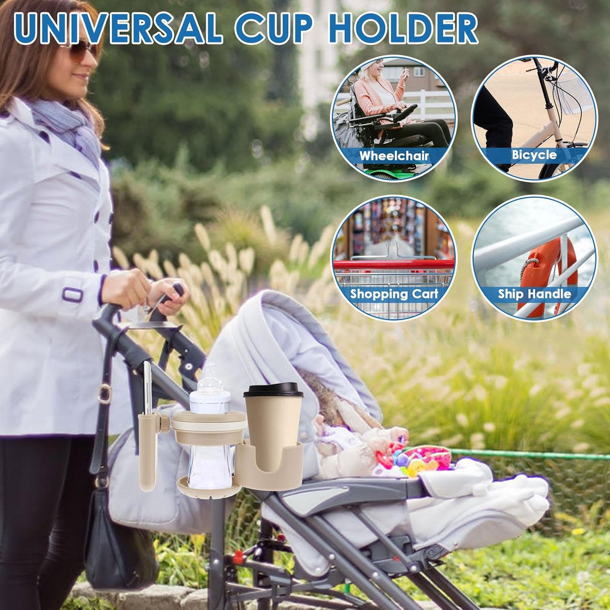 Retractable Stroller Cup Holder with Phone Holder, Non-Slip Cup Holder Multifunctional Stroller Cup and Phone Holder Stroller Cup Holder Clip Firmly Grip Stroller Bar for Stroller Bike Walker (Black)