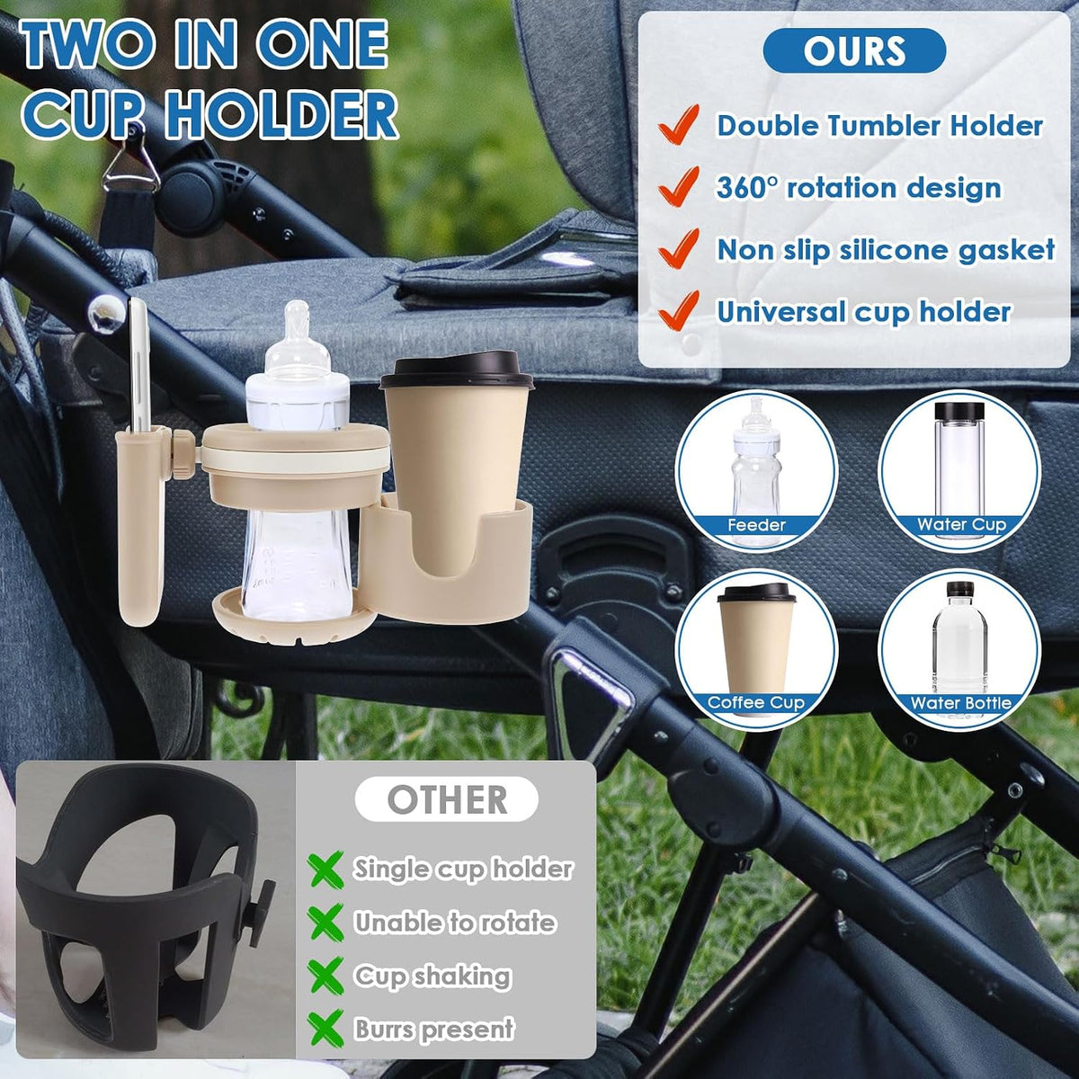 Retractable Stroller Cup Holder with Phone Holder, Non-Slip Cup Holder Multifunctional Stroller Cup and Phone Holder Stroller Cup Holder Clip Firmly Grip Stroller Bar for Stroller Bike Walker (Black)