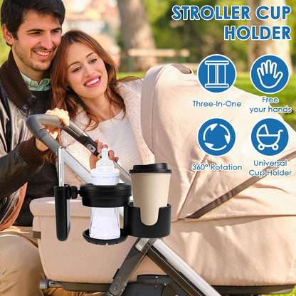 Retractable Stroller Cup Holder with Phone Holder, Non-Slip Cup Holder Multifunctional Stroller Cup and Phone Holder Stroller Cup Holder Clip Firmly Grip Stroller Bar for Stroller Bike Walker (Black)