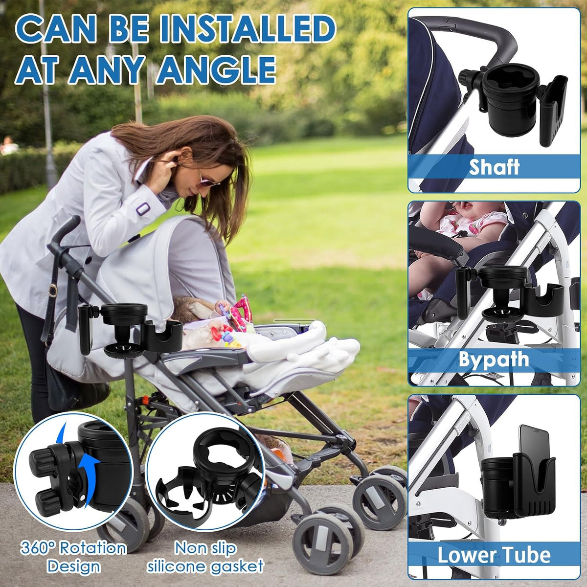 Retractable Stroller Cup Holder with Phone Holder, Non-Slip Cup Holder Multifunctional Stroller Cup and Phone Holder Stroller Cup Holder Clip Firmly Grip Stroller Bar for Stroller Bike Walker (Black)