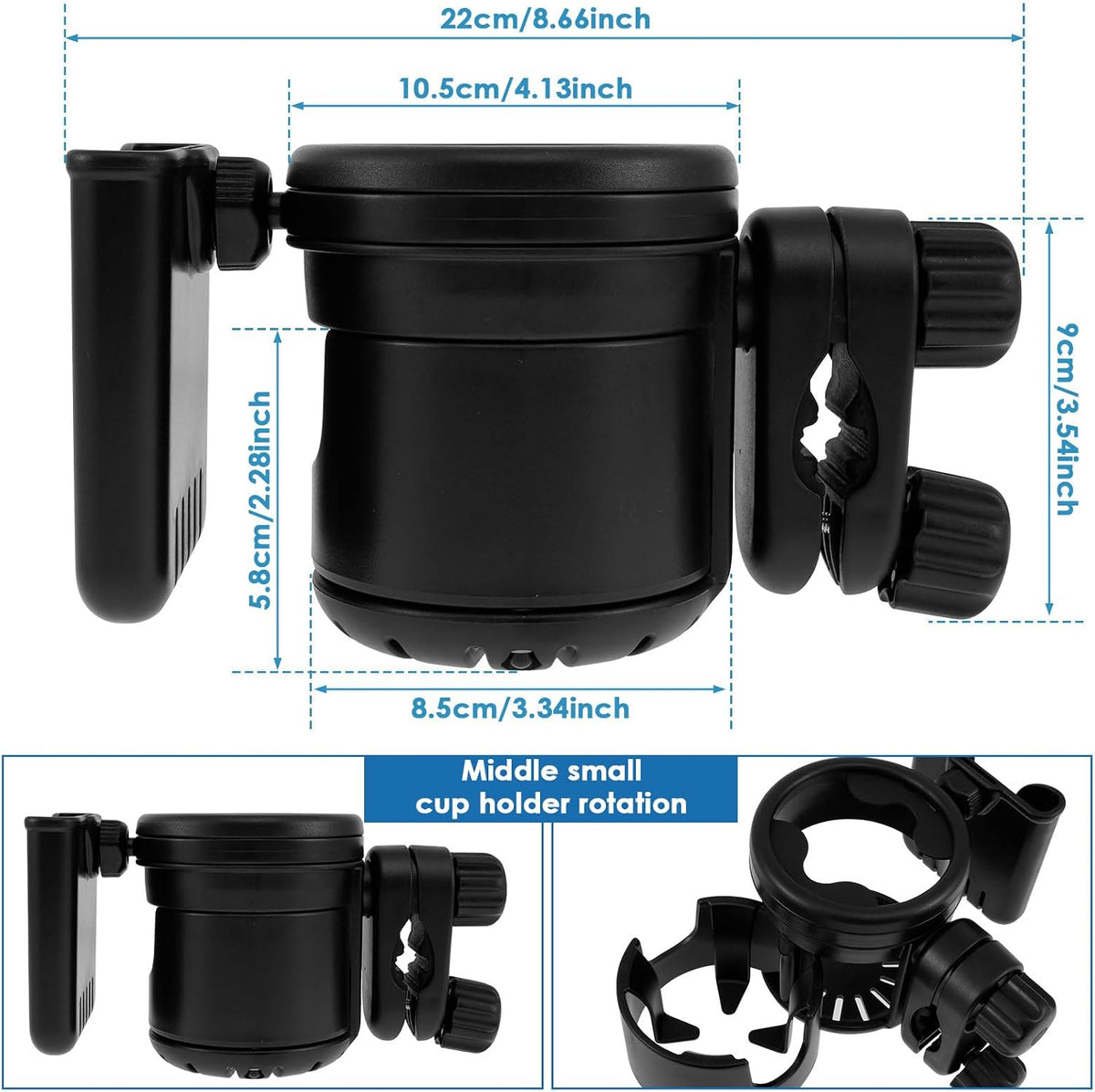 Retractable Stroller Cup Holder with Phone Holder, Non-Slip Cup Holder Multifunctional Stroller Cup and Phone Holder Stroller Cup Holder Clip Firmly Grip Stroller Bar for Stroller Bike Walker (Black)