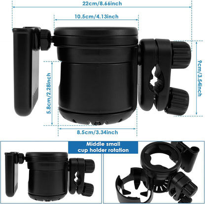 Retractable Stroller Cup Holder with Phone Holder, Non-Slip Cup Holder Multifunctional Stroller Cup and Phone Holder Stroller Cup Holder Clip Firmly Grip Stroller Bar for Stroller Bike Walker (Black)