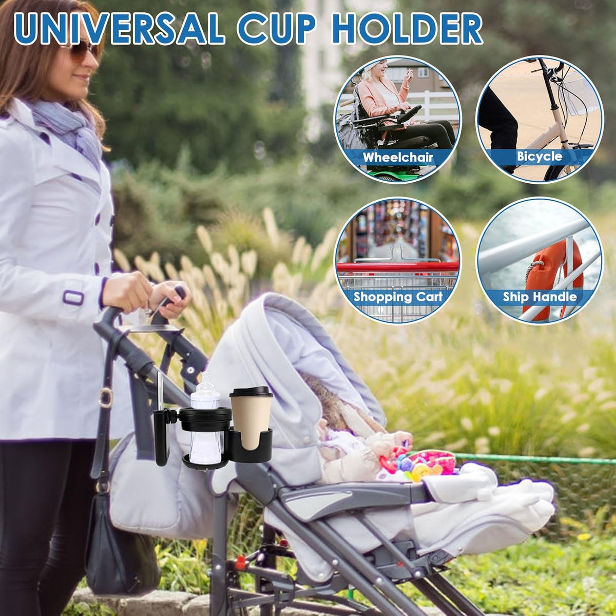 Retractable Stroller Cup Holder with Phone Holder, Non-Slip Cup Holder Multifunctional Stroller Cup and Phone Holder Stroller Cup Holder Clip Firmly Grip Stroller Bar for Stroller Bike Walker (Black)