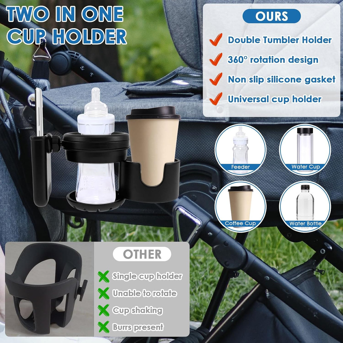 Retractable Stroller Cup Holder with Phone Holder, Non-Slip Cup Holder Multifunctional Stroller Cup and Phone Holder Stroller Cup Holder Clip Firmly Grip Stroller Bar for Stroller Bike Walker (Black)