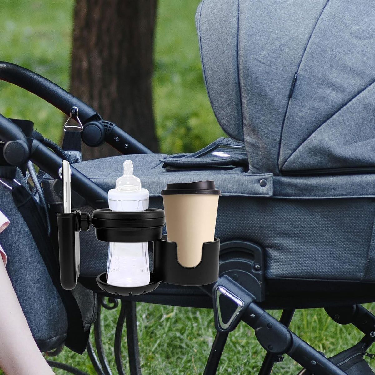 Retractable Stroller Cup Holder with Phone Holder, Non-Slip Cup Holder Multifunctional Stroller Cup and Phone Holder Stroller Cup Holder Clip Firmly Grip Stroller Bar for Stroller Bike Walker (Black)