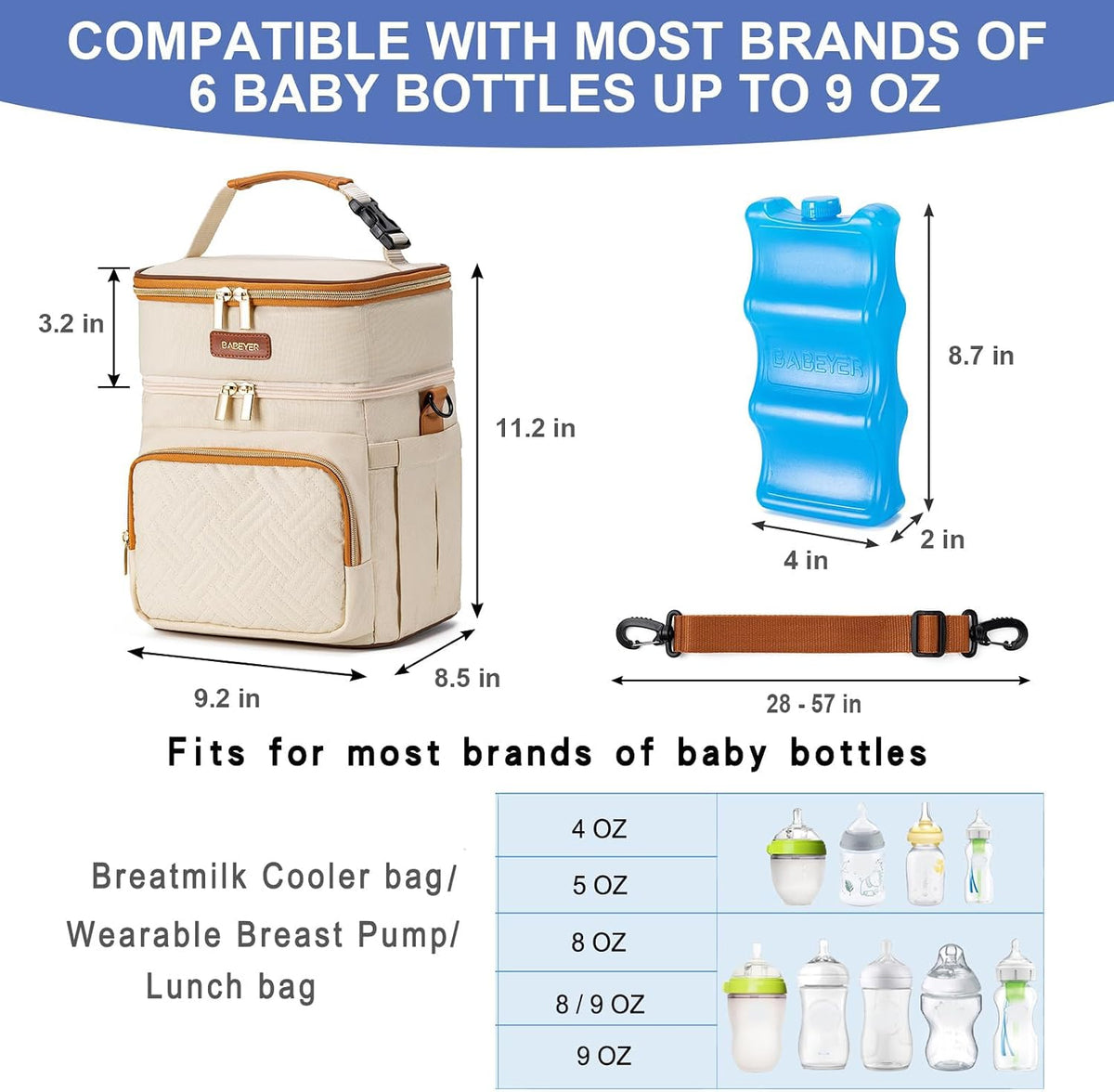 Breastmilk Cooler Bag with Ice Pack Fits 6 Baby Bottles Up to 9 Ounce