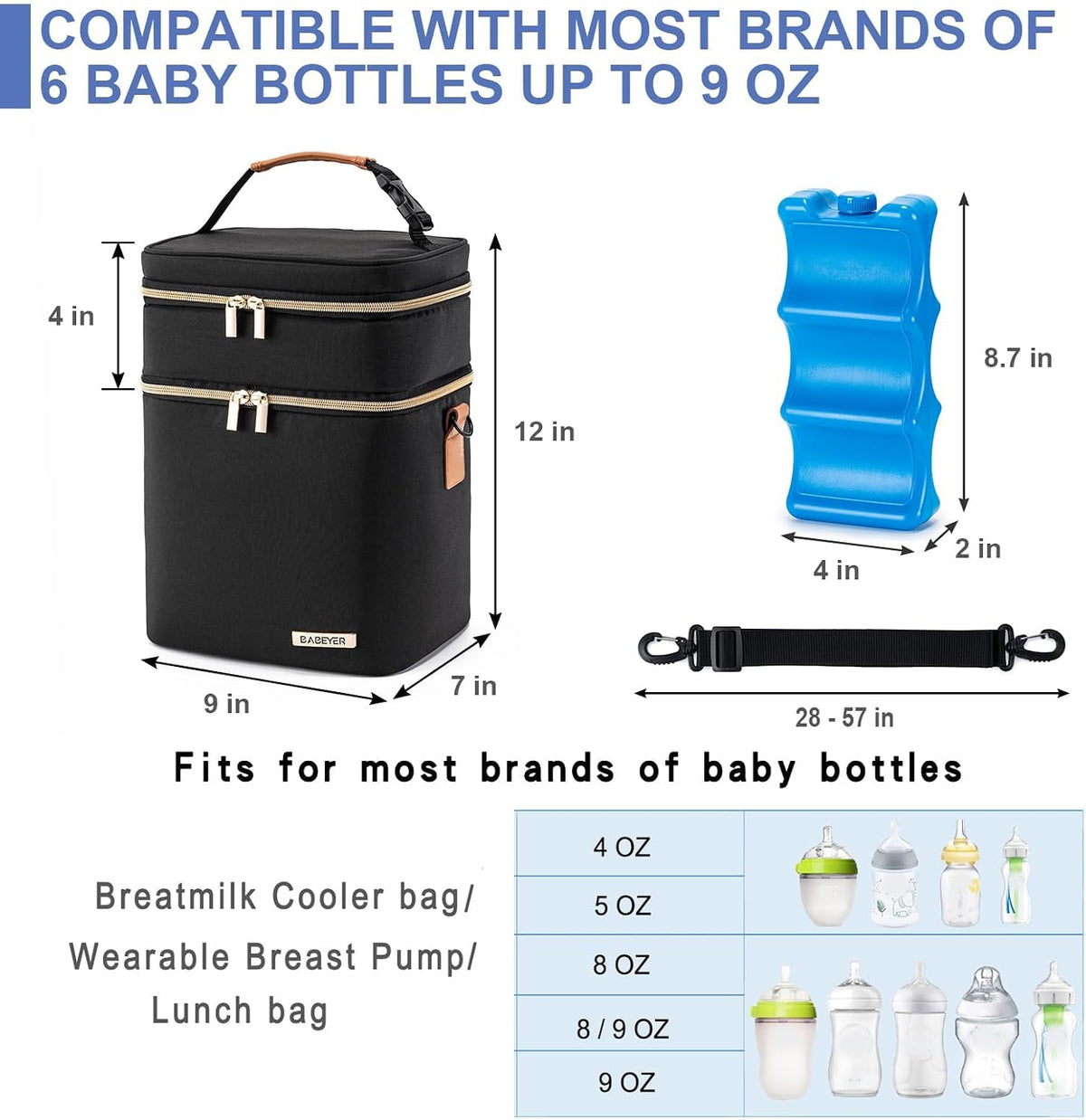 Breastmilk Cooler Bag with Ice Pack Fits 6 Baby Bottles Up to 9 Ounce