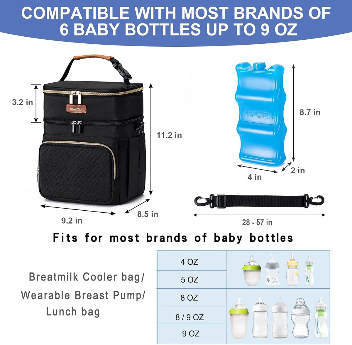 Breastmilk Cooler Bag with Ice Pack Fits 6 Baby Bottles Up to 9 Ounce