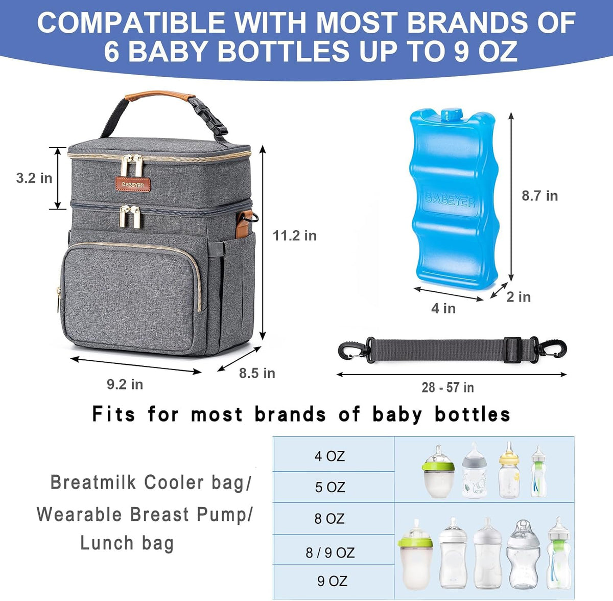 Breastmilk Cooler Bag with Ice Pack Fits 6 Baby Bottles Up to 9 Ounce