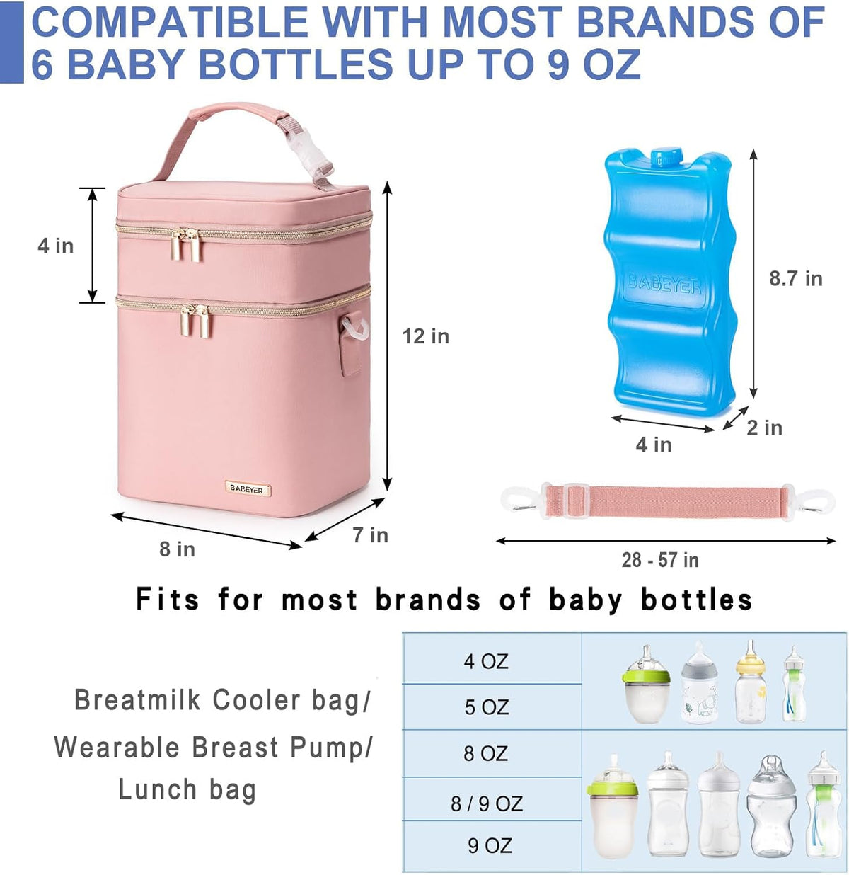 Breastmilk Cooler Bag with Ice Pack Fits 6 Baby Bottles Up to 9 Ounce