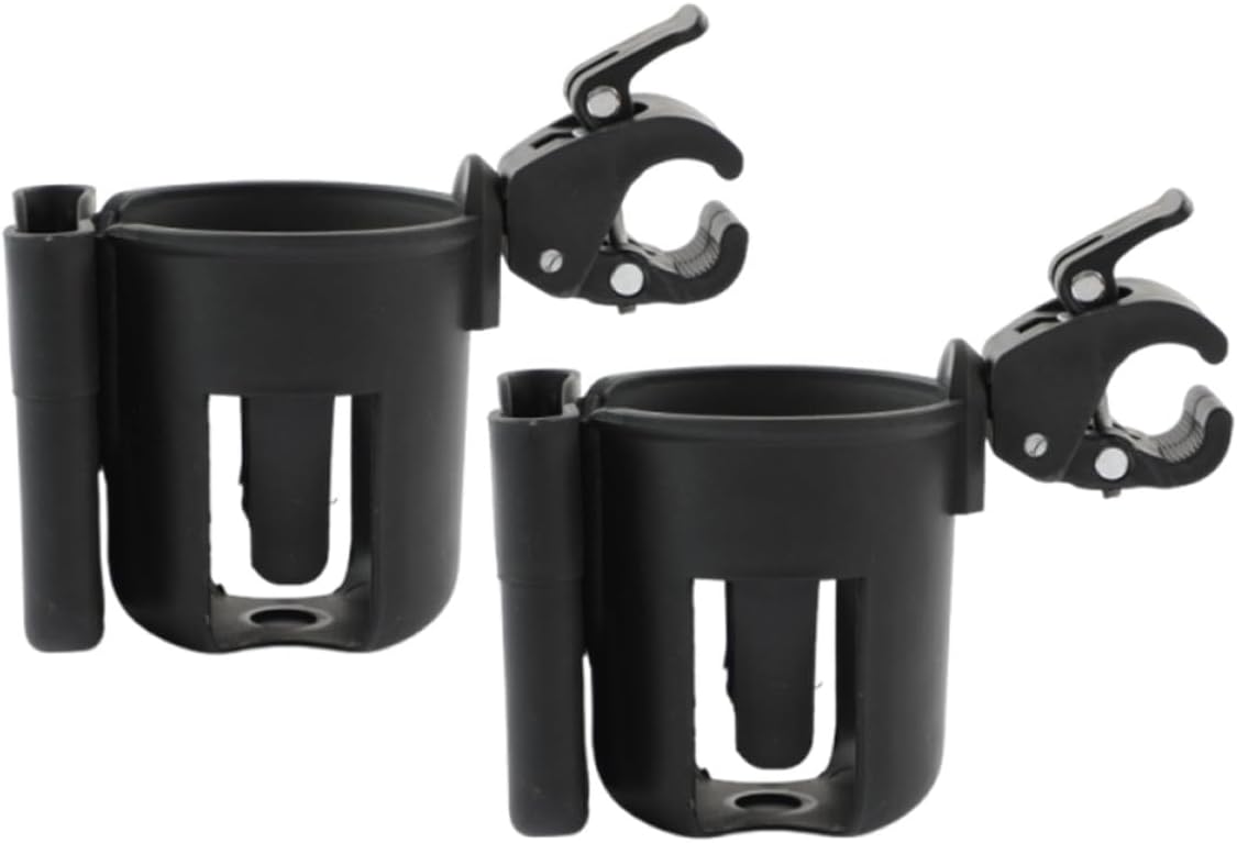 2pcs Universal Stroller Cup Holder with Phone Stand and Bottle Rack for Strollers Pushchair Handlebar Accessories Black, Compatible with Walkers, Wheelchairs, and Mobility Scooters