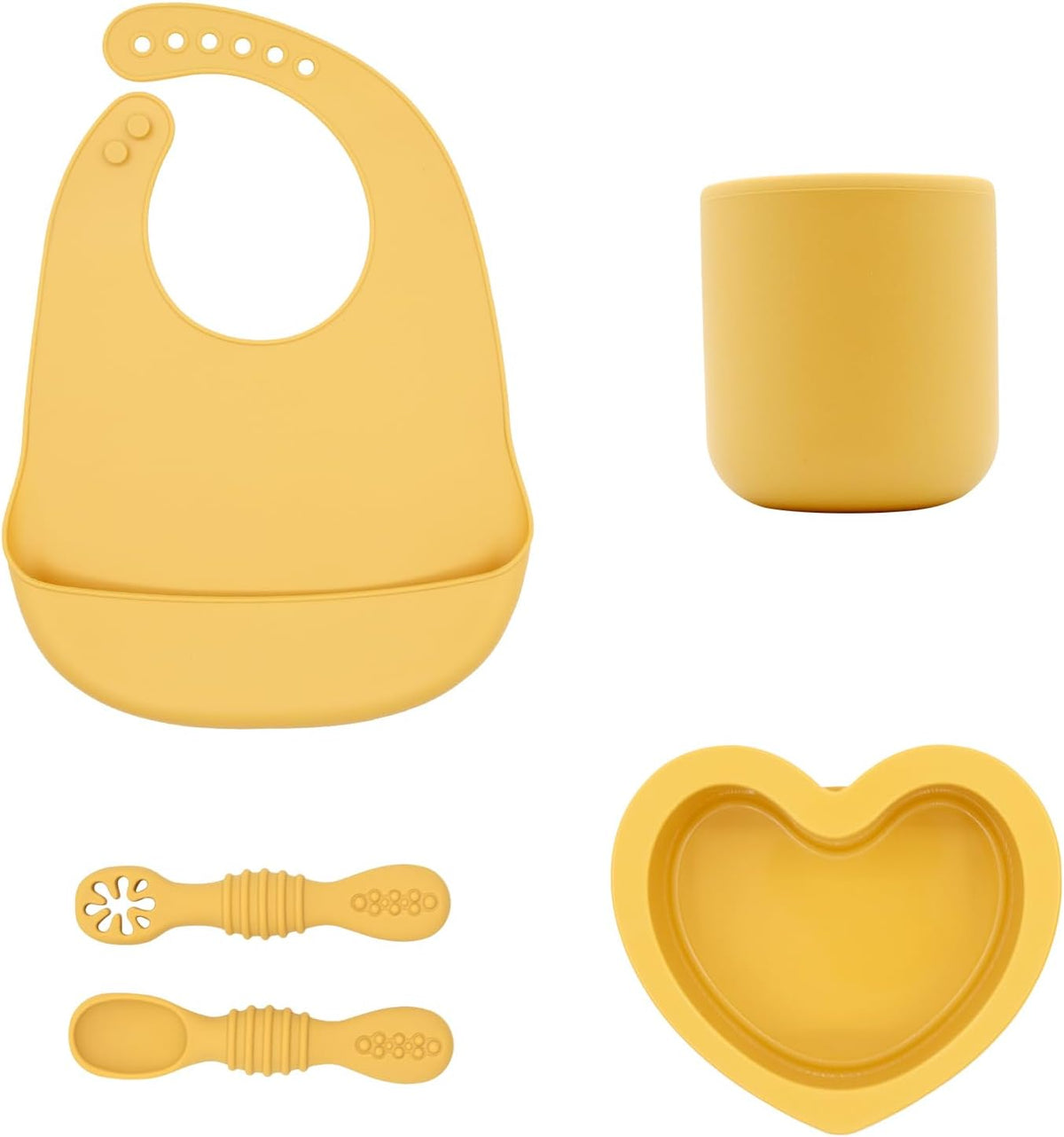 Silicone Baby Feeding Set, Bib with Pocket, Heart-Shaped Bowl, Cup and Spoons, Toddler Mealtime Set 4 in 1
