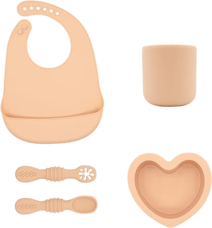 Silicone Baby Feeding Set, Bib with Pocket, Heart-Shaped Bowl, Cup and Spoons, Toddler Mealtime Set 4 in 1