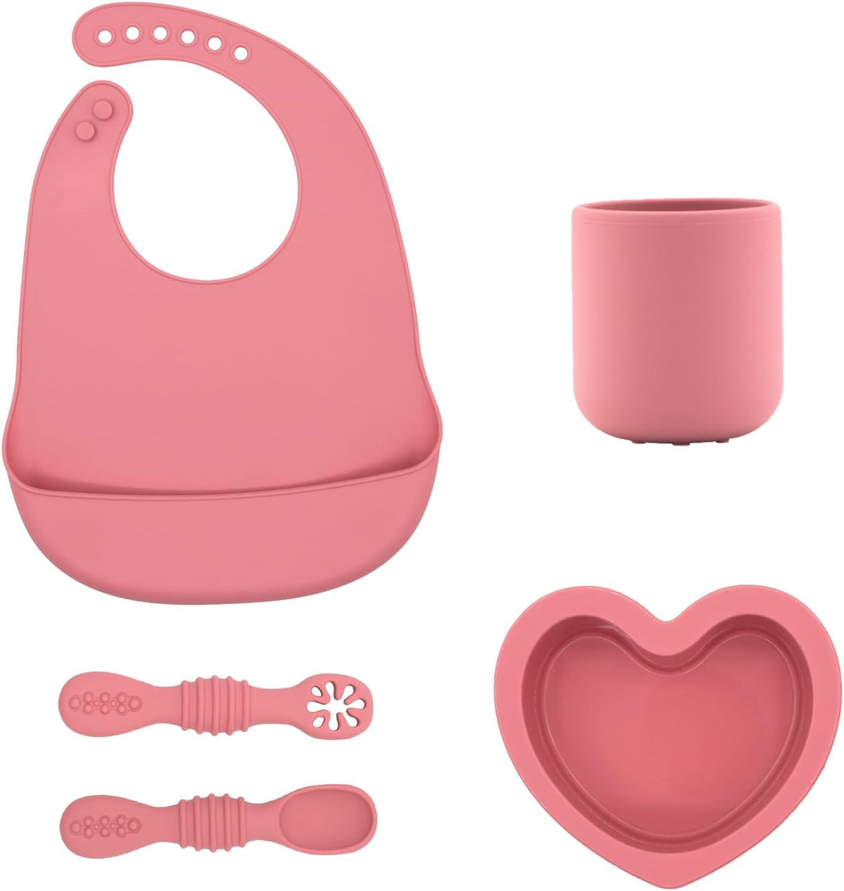 Silicone Baby Feeding Set, Bib with Pocket, Heart-Shaped Bowl, Cup and Spoons, Toddler Mealtime Set 4 in 1