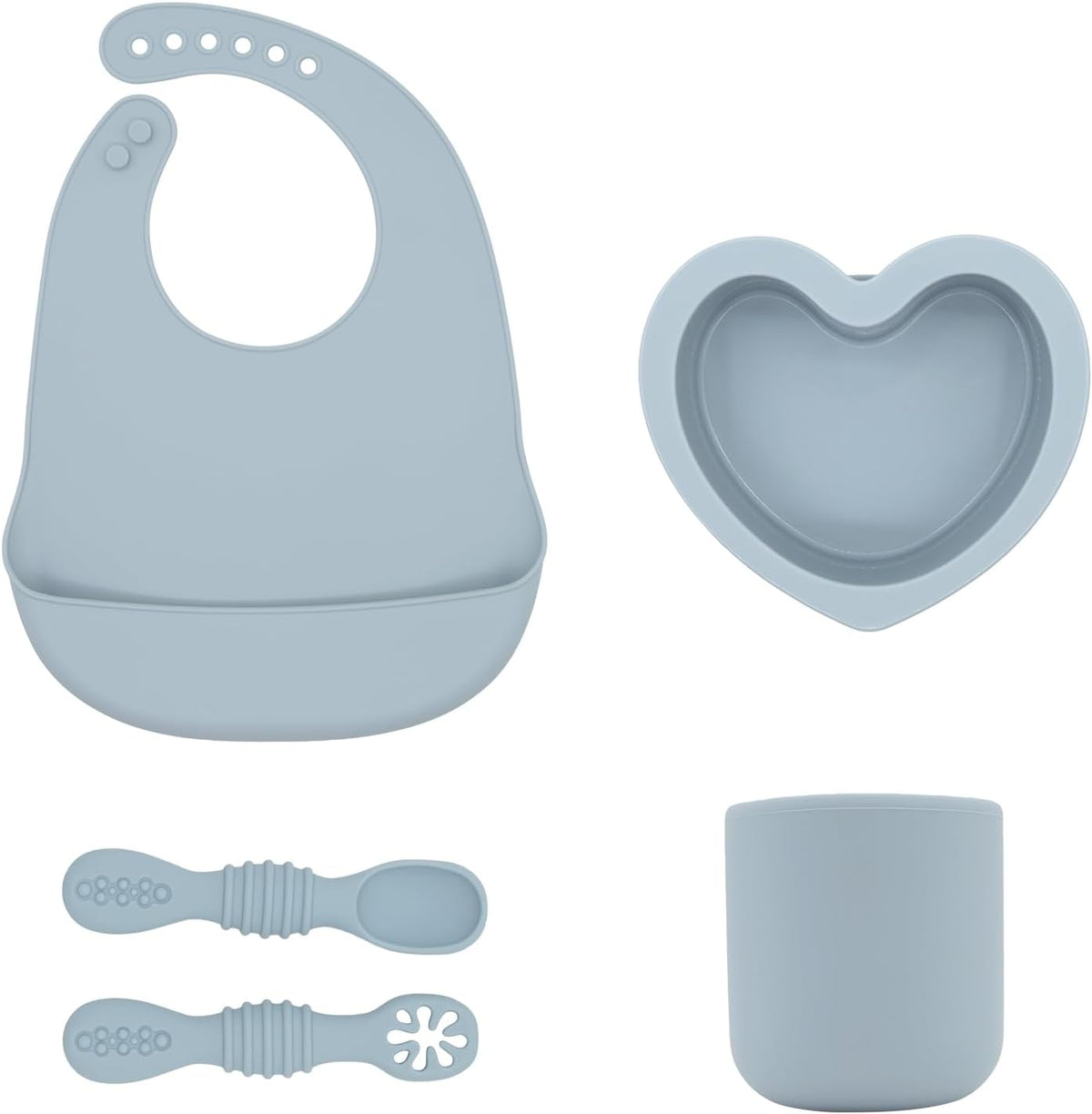 Silicone Baby Feeding Set, Bib with Pocket, Heart-Shaped Bowl, Cup and Spoons, Toddler Mealtime Set 4 in 1