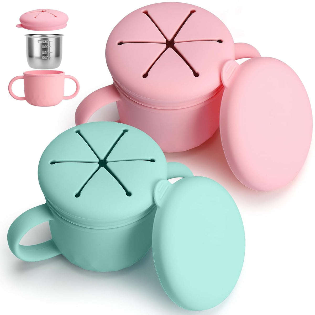 Snack Cups for Toddlers Spill Proof, Stainless Steel Snack Containers for Kids, Reusable Toddler Snack Containers with Lid & Handle, Baby Snack Cups, Dishwasher Safe 2 Pack
