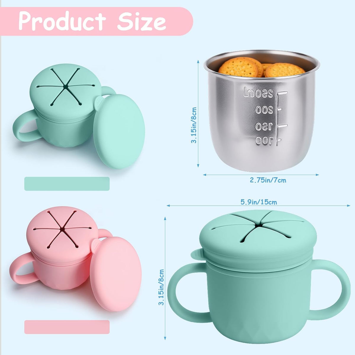 Snack Cups for Toddlers Spill Proof, Stainless Steel Snack Containers for Kids, Reusable Toddler Snack Containers with Lid & Handle, Baby Snack Cups, Dishwasher Safe 2 Pack
